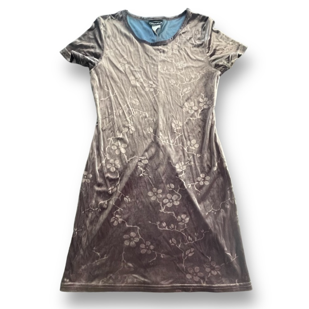 Y2K VTG Mandee Grey Floral Velour Short Sleeve Mini Dress Juniors Medium